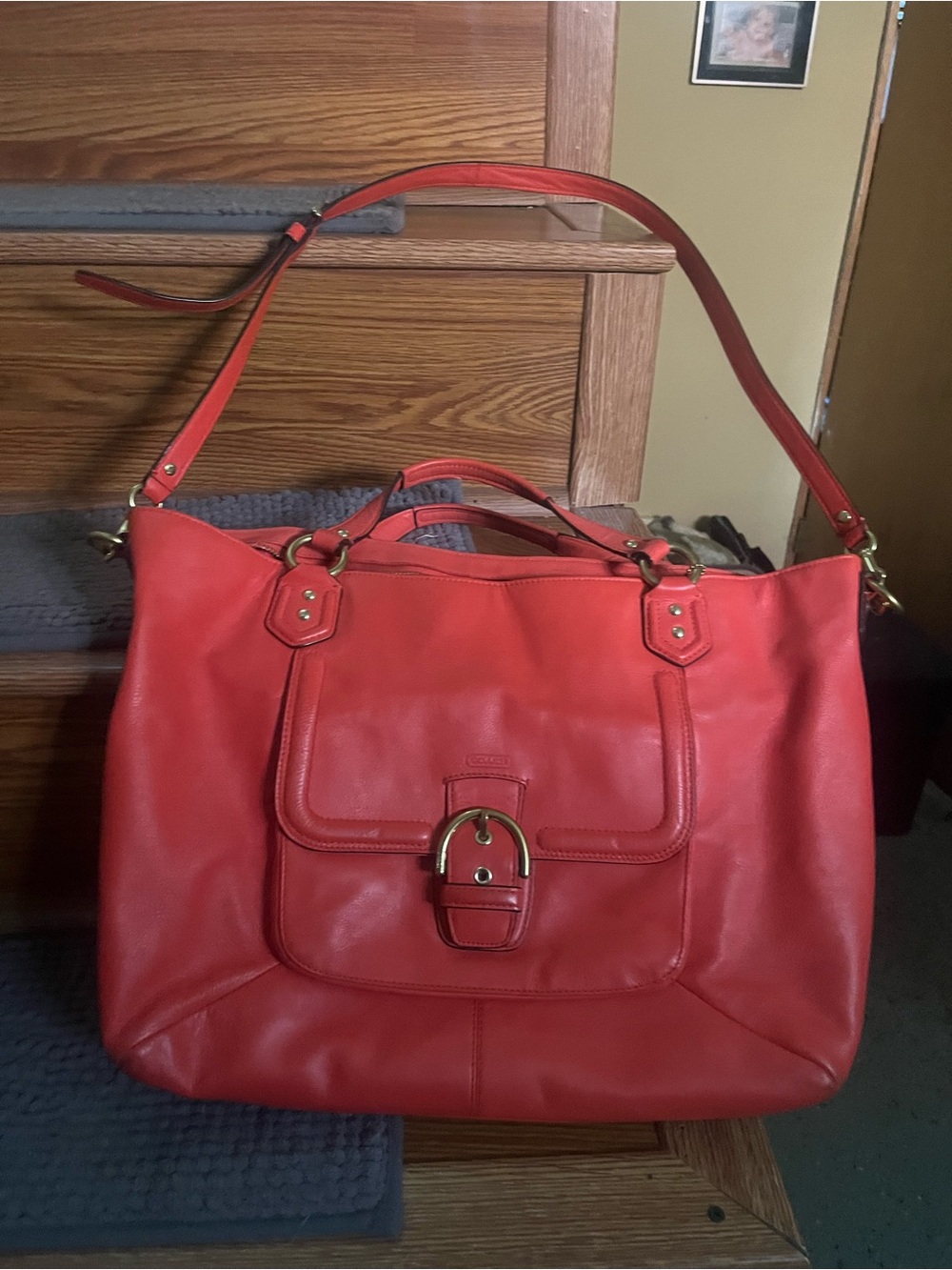 Coach Red Leather Satchel with Front Buckle Pocket